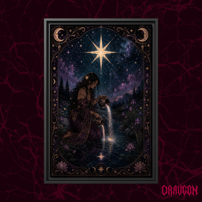 Nocturne Tarot: The Star shown as a black framed canvas against a deep red marbled backdrop with the Draugon wordmark in the lower corner, displaying the full bordered tarot scene.