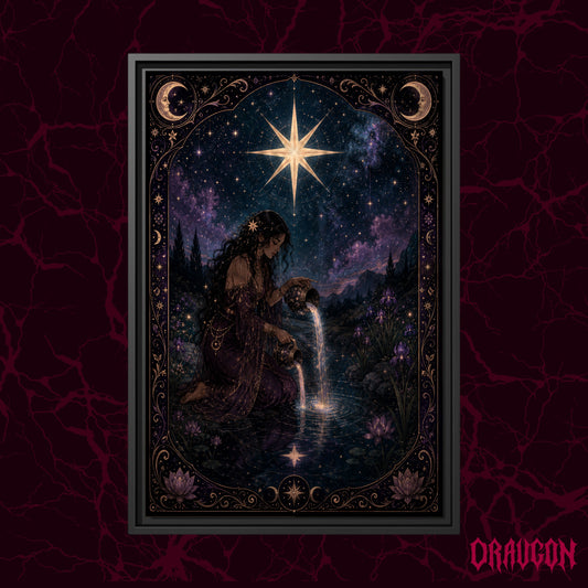 Nocturne Tarot: The Star shown as a black framed canvas against a deep red marbled backdrop with the Draugon wordmark in the lower corner, displaying the full bordered tarot scene.
