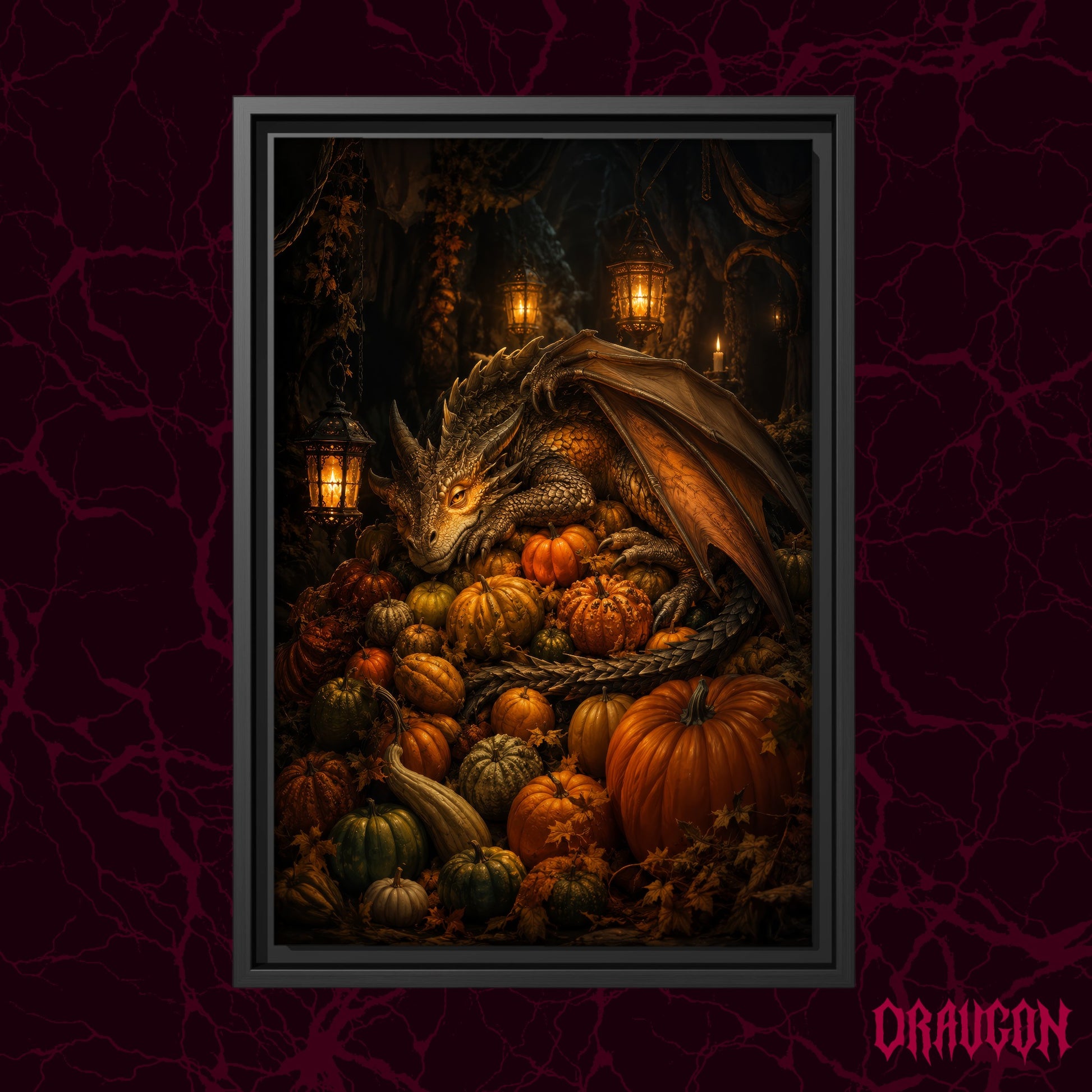 The Pumpkin Den shown as a black framed canvas against a deep red marbled backdrop with the Draugon wordmark in the lower corner, displaying the sleeping dragon curled atop its pile of autumn pumpkins and gourds.
