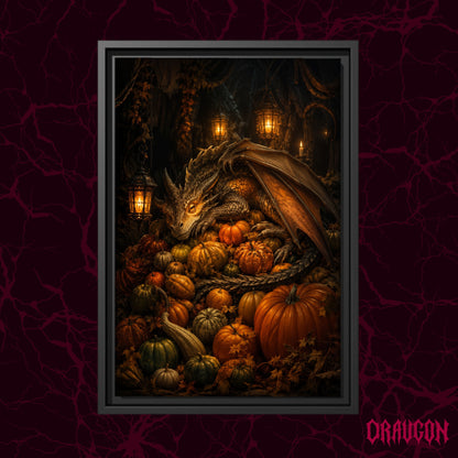 The Pumpkin Den shown as a black framed canvas against a deep red marbled backdrop with the Draugon wordmark in the lower corner, displaying the sleeping dragon curled atop its pile of autumn pumpkins and gourds.
