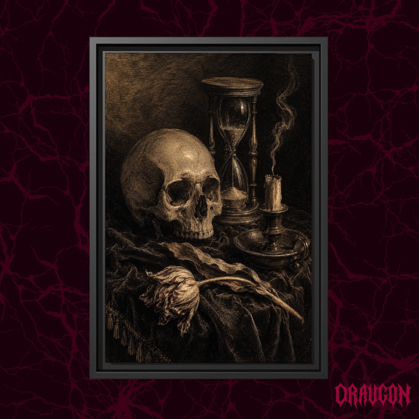 Compline shown as a black framed canvas against a deep red marbled backdrop with the Draugon wordmark in the lower corner, displaying the skull, hourglass, candle and wilted tulip still life.