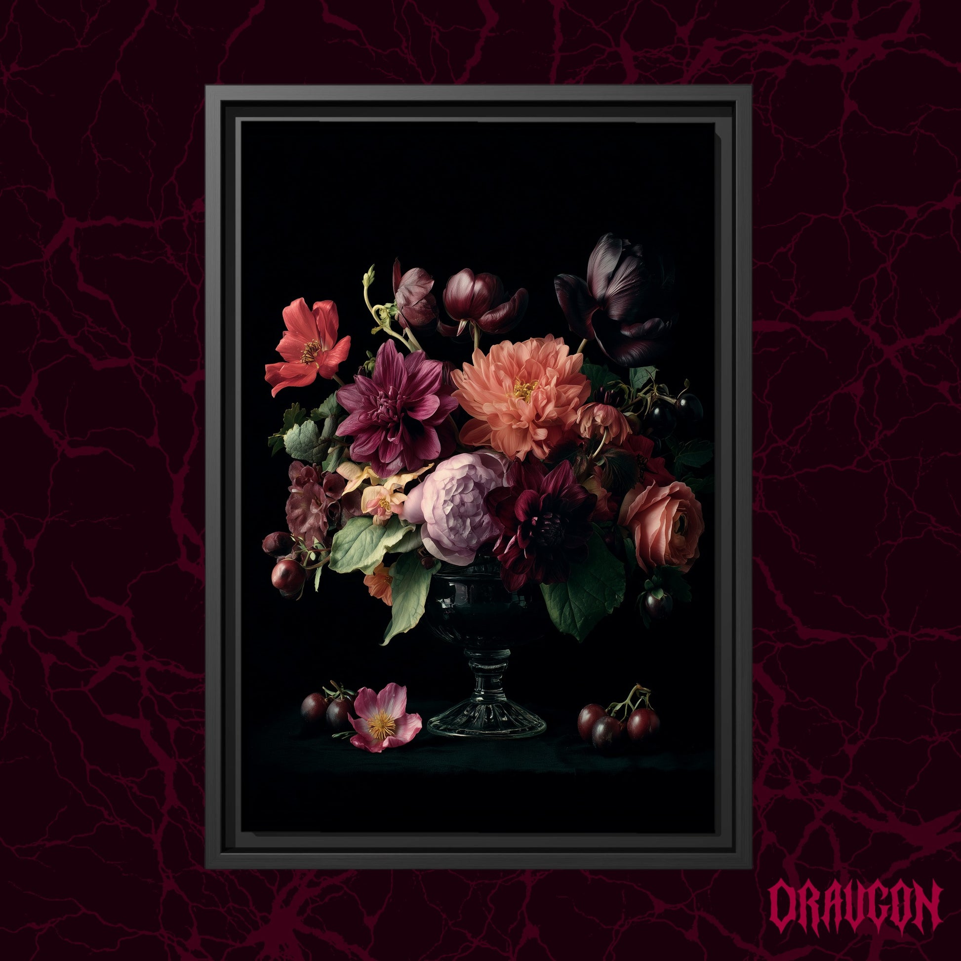 Tazza shown as a black framed canvas against a deep red marbled backdrop with the Draugon wordmark in the lower corner, displaying the full jewel-toned bouquet in its glass bowl.