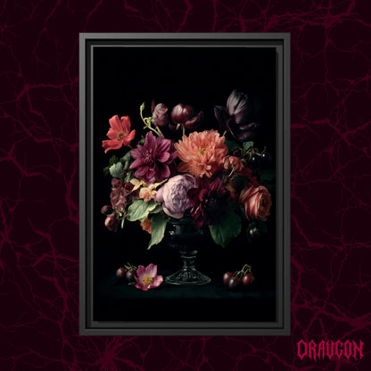 Tazza shown as a black framed canvas against a deep red marbled backdrop with the Draugon wordmark in the lower corner, displaying the full jewel-toned bouquet in its glass bowl.