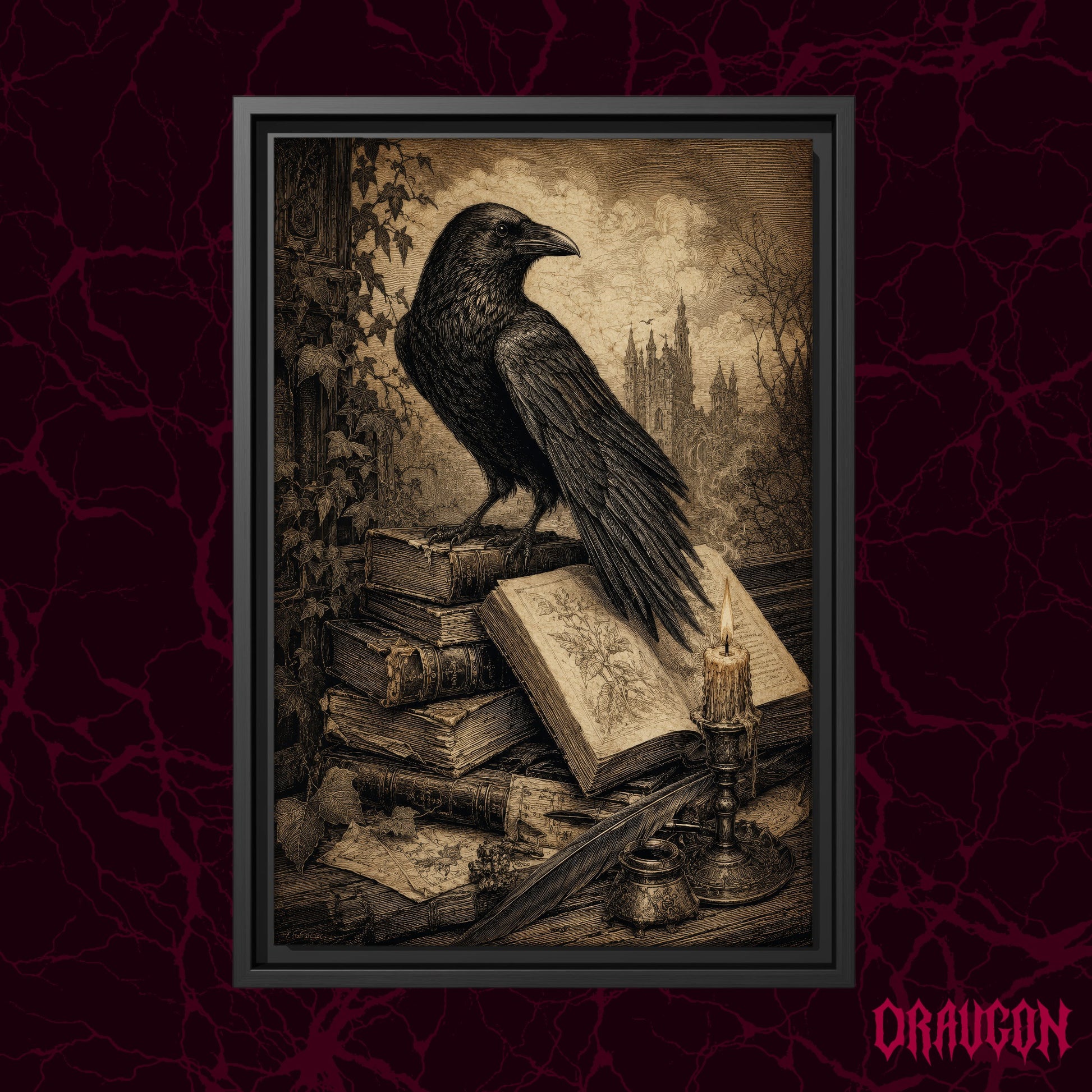 Muninn's Vigil shown as a black framed canvas against a deep red marbled backdrop with the Draugon wordmark in the lower corner, displaying the raven, book stack, candle and cathedral scene.