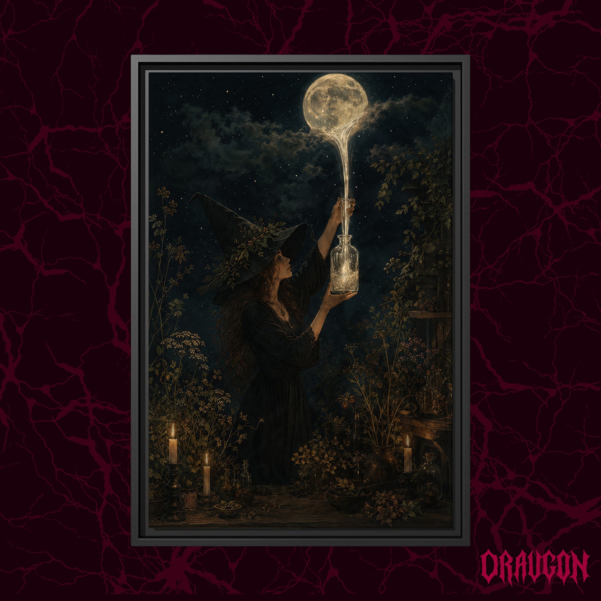 Moonfall shown as a black framed canvas against a deep red marbled backdrop with the Draugon wordmark in the lower corner, displaying the witch catching the stream of moonlight in her vial.