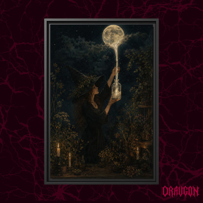 Moonfall shown as a black framed canvas against a deep red marbled backdrop with the Draugon wordmark in the lower corner, displaying the witch catching the stream of moonlight in her vial.