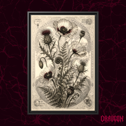 The Wild Folio shown as a black framed canvas against a deep red marbled backdrop with the Draugon wordmark in the lower corner, displaying the full sepia botanical plate on aged parchment.