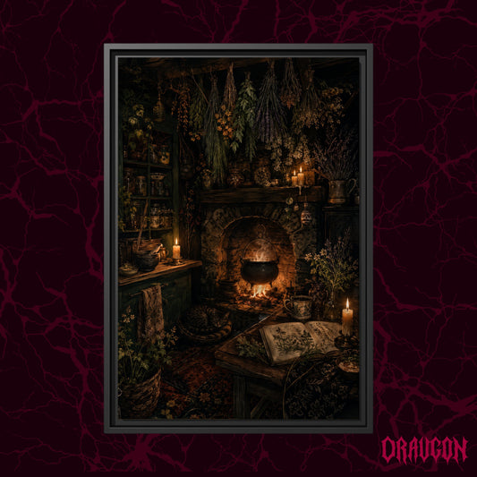 The Familiar's Fire shown as a black framed canvas against a deep red marbled backdrop with the Draugon wordmark in the lower corner, displaying the cauldron over the hearth fire and the sleeping cat below.