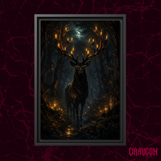 The Nightwarden shown as a black framed canvas against a deep red marbled backdrop with the Draugon wordmark in the lower corner, displaying the full candlelit stag standing in the dark moonlit forest.