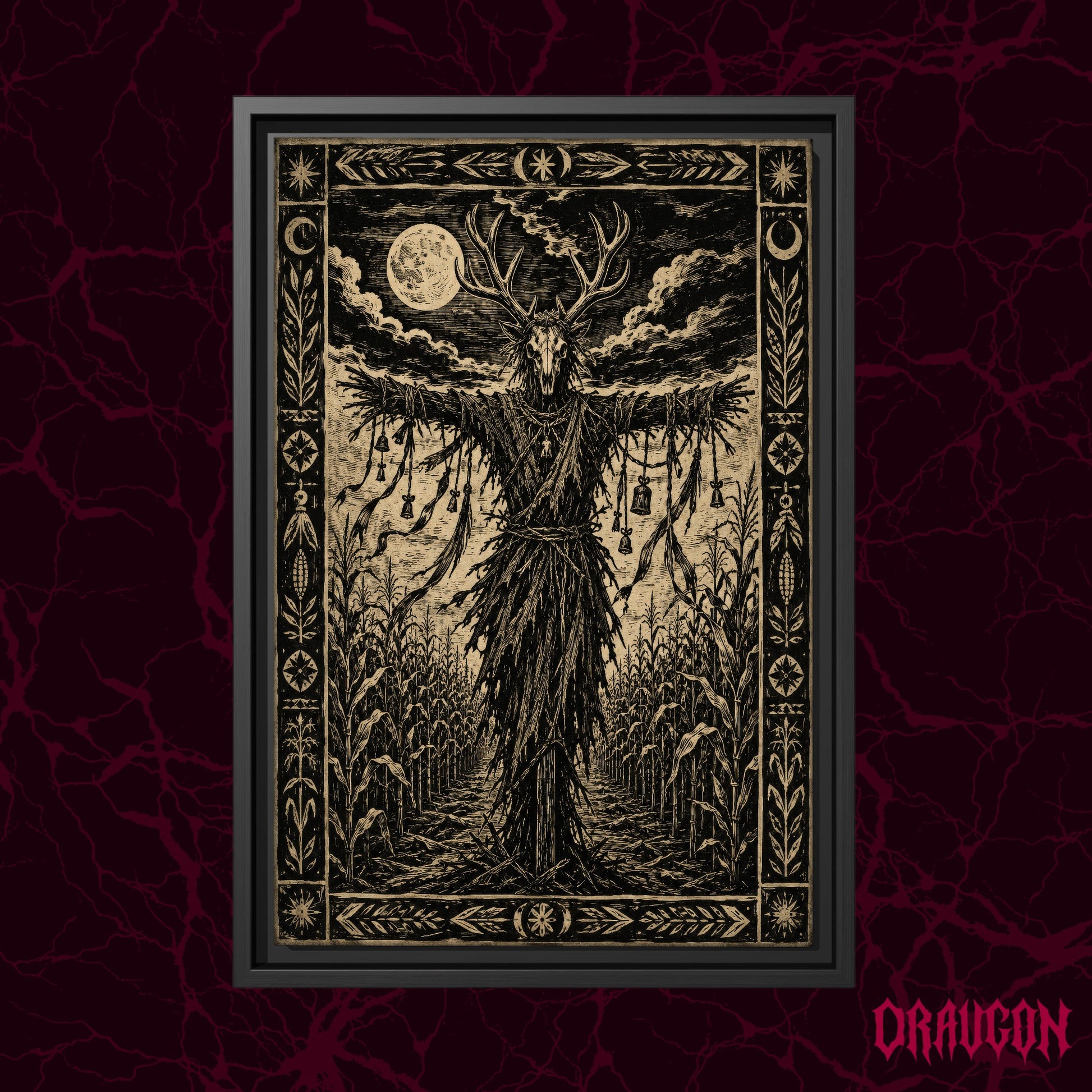 The Corn Sentinel shown as a black framed canvas against a deep red marbled backdrop with the Draugon wordmark in the lower corner, displaying the antlered effigy standing watch over the moonlit corn rows.