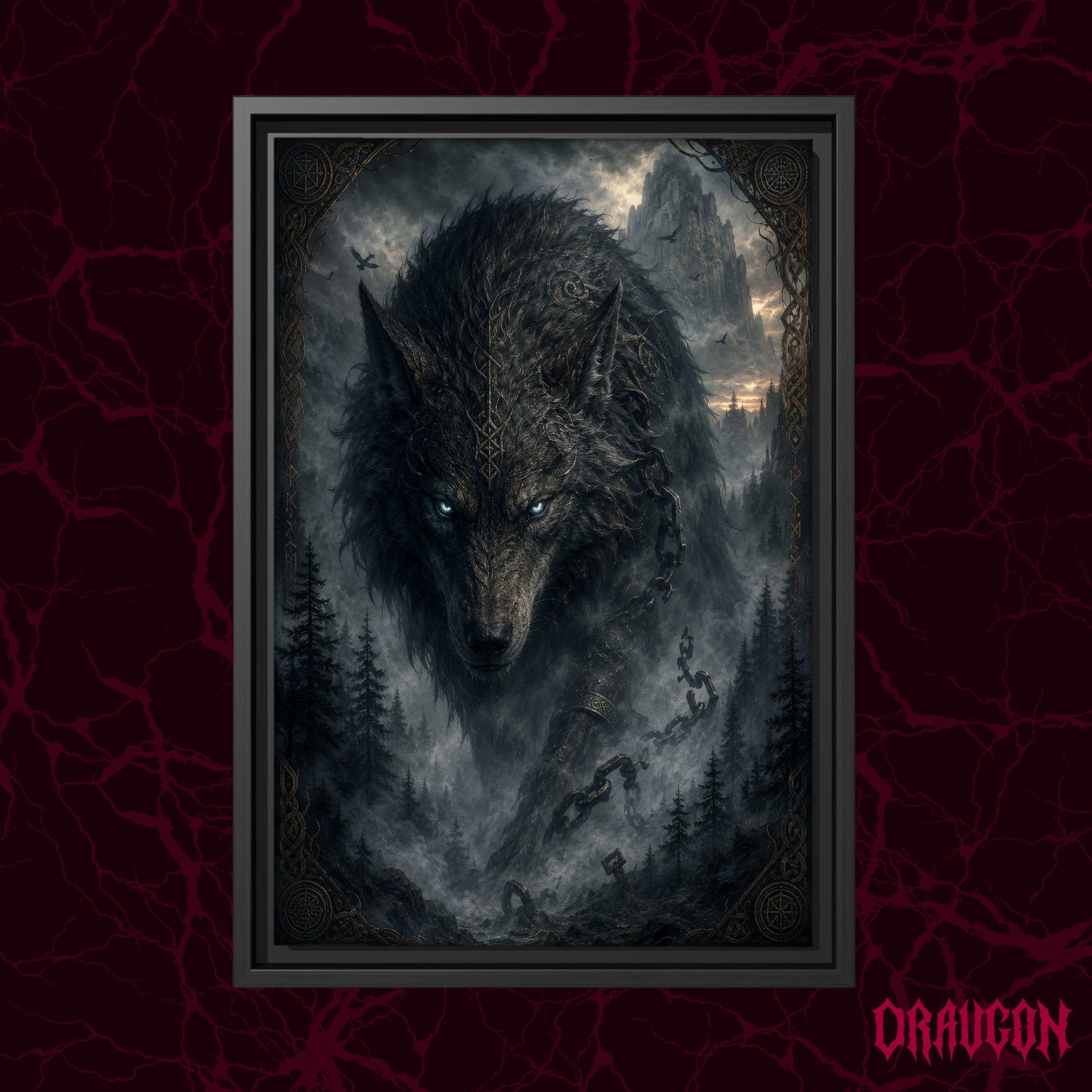 Vanagandr shown as a black framed canvas against a deep red marbled backdrop with the Draugon wordmark in the lower corner, displaying the close-up wolf head with its rune-marked fur and broken chain.