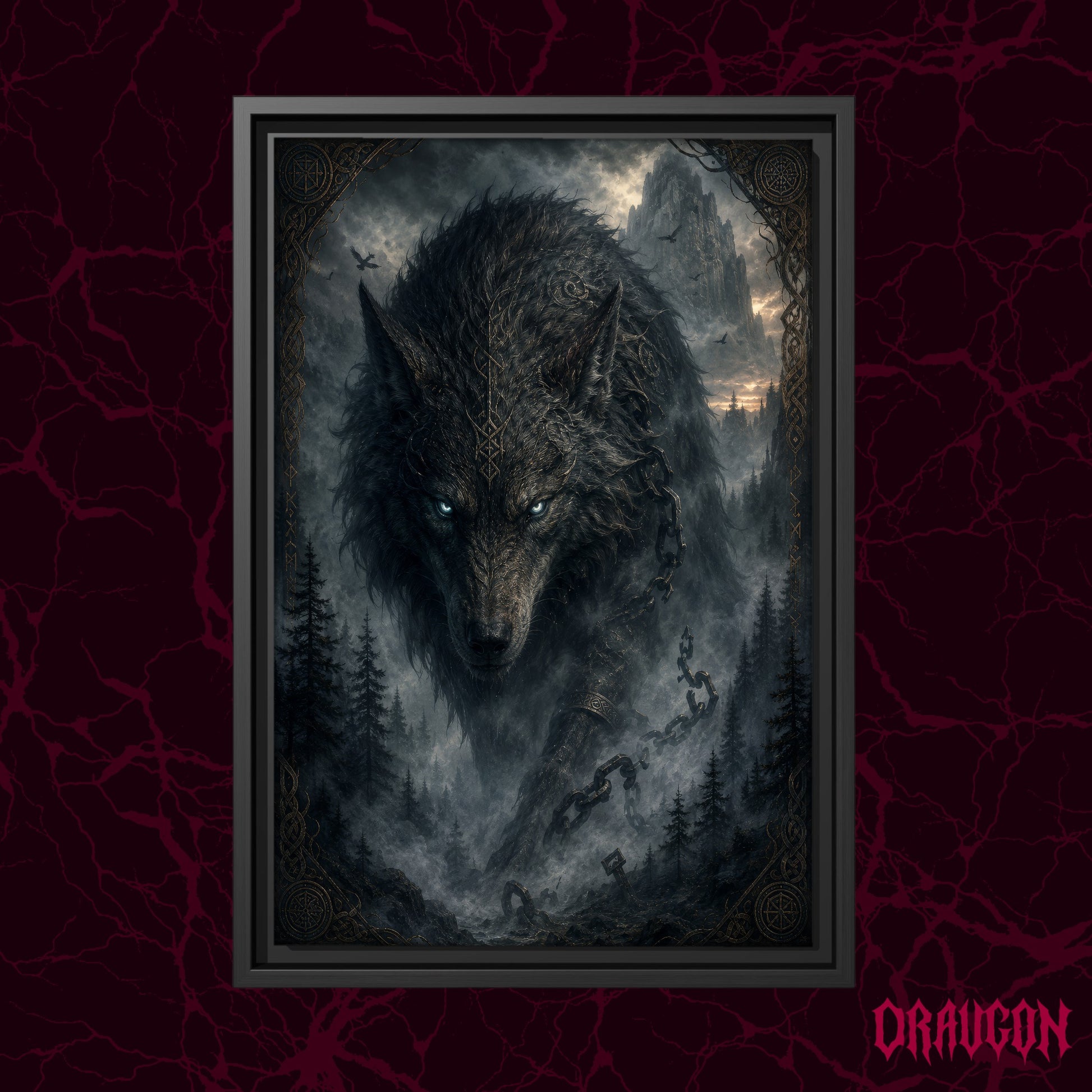 Vanagandr shown as a black framed canvas against a deep red marbled backdrop with the Draugon wordmark in the lower corner, displaying the close-up wolf head with its rune-marked fur and broken chain.