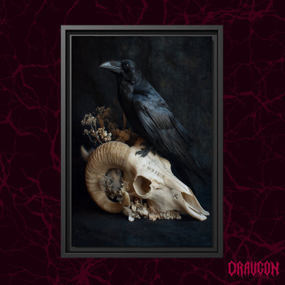 Hel shown as a black framed canvas against a deep red marbled backdrop with the Draugon wordmark in the lower corner, displaying the raven standing on the pale ram skull.