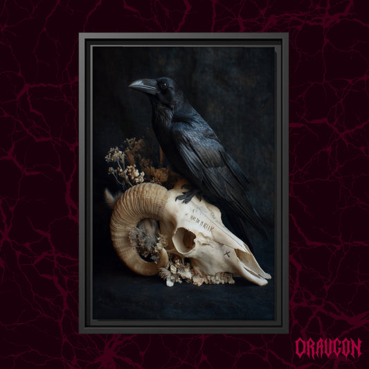 Hel shown as a black framed canvas against a deep red marbled backdrop with the Draugon wordmark in the lower corner, displaying the raven standing on the pale ram skull.