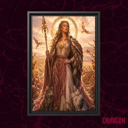 Freya shown as a black framed canvas against a deep red marbled backdrop with the Draugon wordmark in the lower corner, displaying the full golden portrait of the goddess with her two cats.