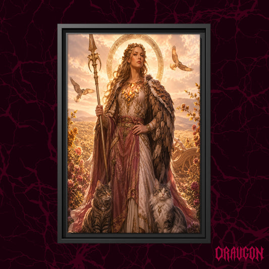 Freya shown as a black framed canvas against a deep red marbled backdrop with the Draugon wordmark in the lower corner, displaying the full golden portrait of the goddess with her two cats.
