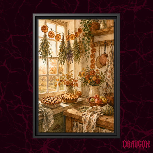 The Baker's Windowsill shown as a black framed portrait canvas against a deep red marbled backdrop with the Draugon wordmark in the lower corner, displaying the pie-cooling kitchen window scene.