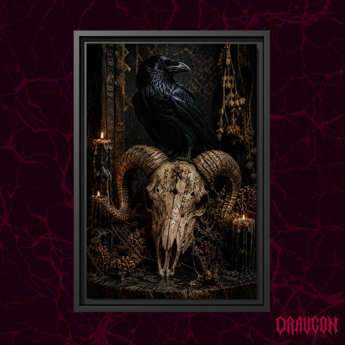 Valravn shown as a black framed canvas against a deep red marbled backdrop with the Draugon wordmark in the lower corner, displaying the raven on the rune-carved ram skull among the black candles.