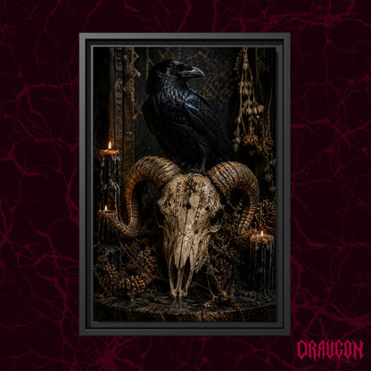Valravn shown as a black framed canvas against a deep red marbled backdrop with the Draugon wordmark in the lower corner, displaying the raven on the rune-carved ram skull among the black candles.