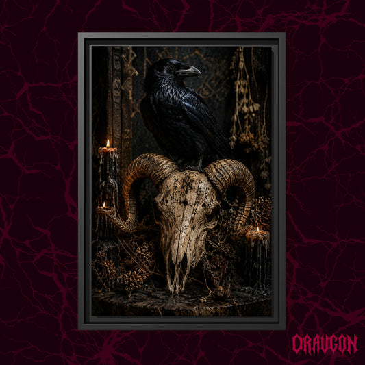 Valravn shown as a black framed canvas against a deep red marbled backdrop with the Draugon wordmark in the lower corner, displaying the raven on the rune-carved ram skull among the black candles.
