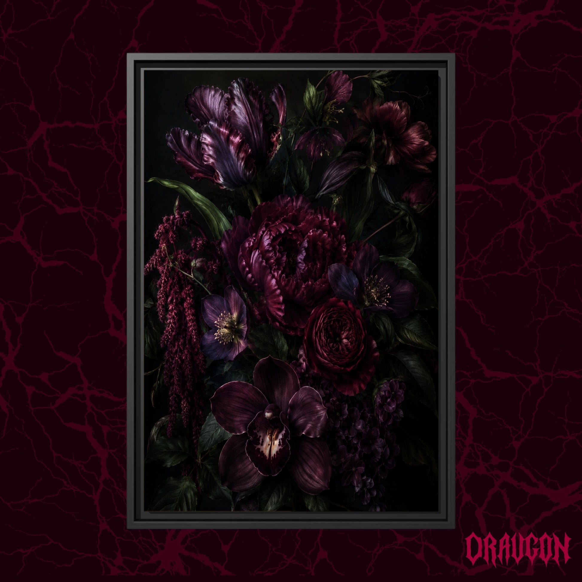 Umbra shown as a black framed canvas against a deep red marbled backdrop with the Draugon wordmark in the lower corner, displaying the full jewel-toned bouquet on black.