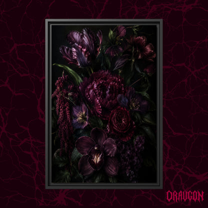 Umbra shown as a black framed canvas against a deep red marbled backdrop with the Draugon wordmark in the lower corner, displaying the full jewel-toned bouquet on black.