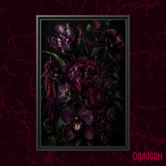 Umbra shown as a black framed canvas against a deep red marbled backdrop with the Draugon wordmark in the lower corner, displaying the full jewel-toned bouquet on black.