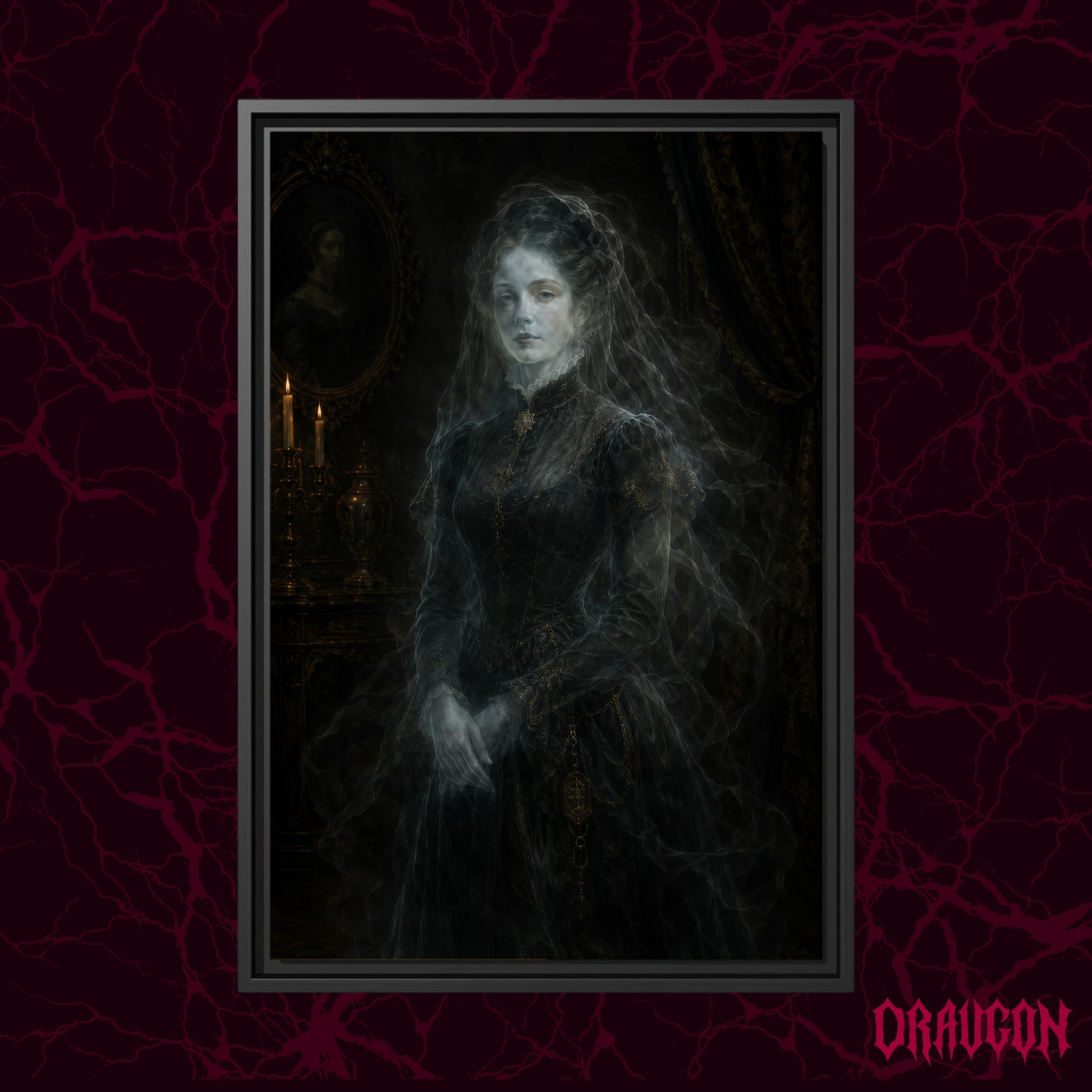 The Grey Lady shown as a black framed canvas against a deep red marbled backdrop with the Draugon wordmark in the lower corner, displaying the translucent Victorian ghost in her candlelit room.