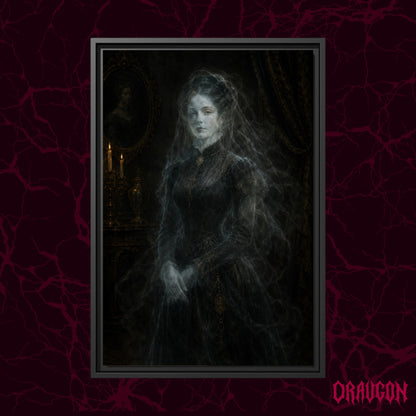The Grey Lady shown as a black framed canvas against a deep red marbled backdrop with the Draugon wordmark in the lower corner, displaying the translucent Victorian ghost in her candlelit room.
