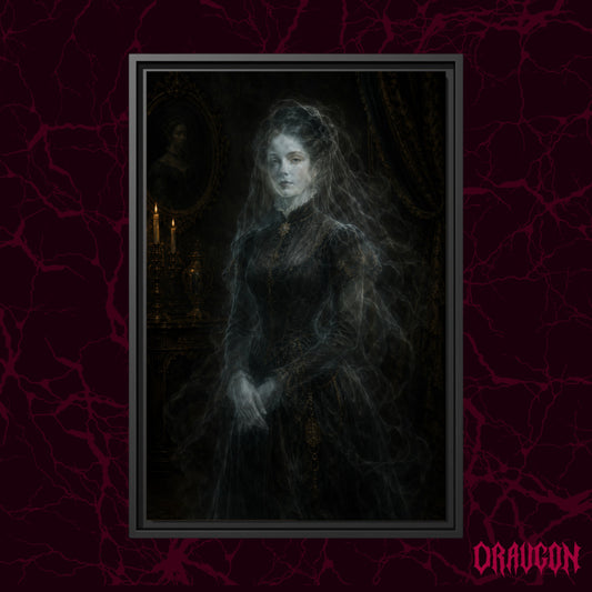 The Grey Lady shown as a black framed canvas against a deep red marbled backdrop with the Draugon wordmark in the lower corner, displaying the translucent Victorian ghost in her candlelit room.
