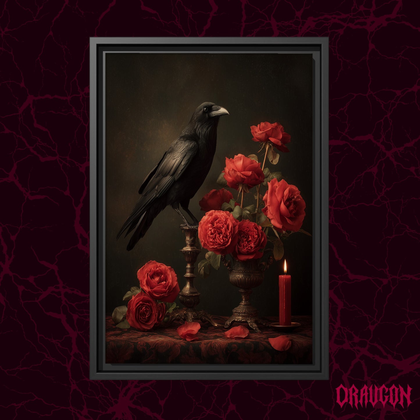 Vermilion shown as a black framed canvas against a deep red marbled backdrop with the Draugon wordmark in the lower corner, displaying the raven, bronze urn and scarlet roses.