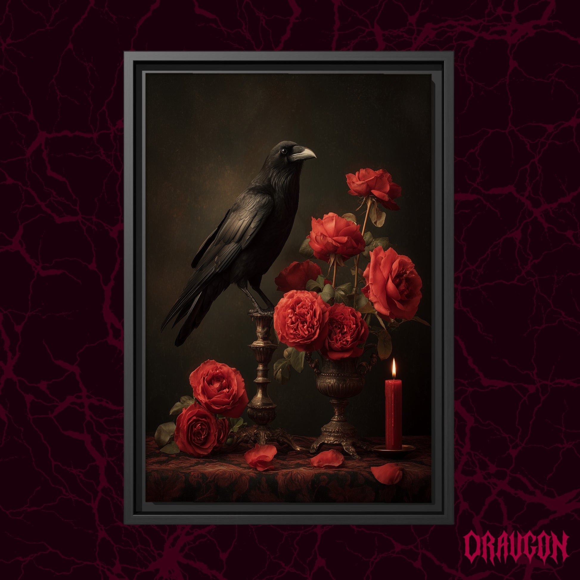 Vermilion shown as a black framed canvas against a deep red marbled backdrop with the Draugon wordmark in the lower corner, displaying the raven, bronze urn and scarlet roses.
