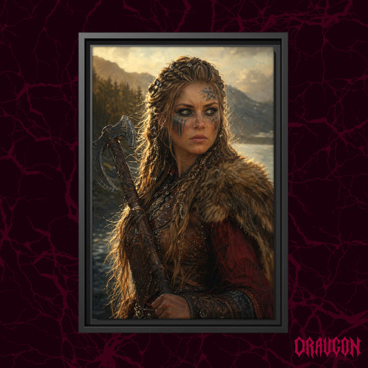 Shieldmaiden shown as a black framed canvas against a deep red marbled backdrop with the Draugon wordmark in the lower corner, displaying the full portrait of the axe-bearing Norse warrior woman.