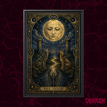 La Lune shown as a black framed canvas against a deep red marbled backdrop with the Draugon wordmark in the lower corner, displaying the full navy and gold tarot card.