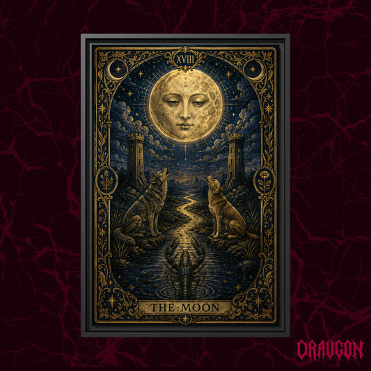 La Lune shown as a black framed canvas against a deep red marbled backdrop with the Draugon wordmark in the lower corner, displaying the full navy and gold tarot card.