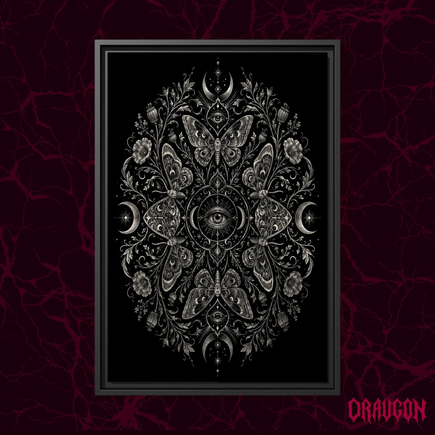 Argus shown as a black framed canvas against a deep red marbled backdrop with the Draugon wordmark in the lower corner, displaying the full silver eye and moth mandala.