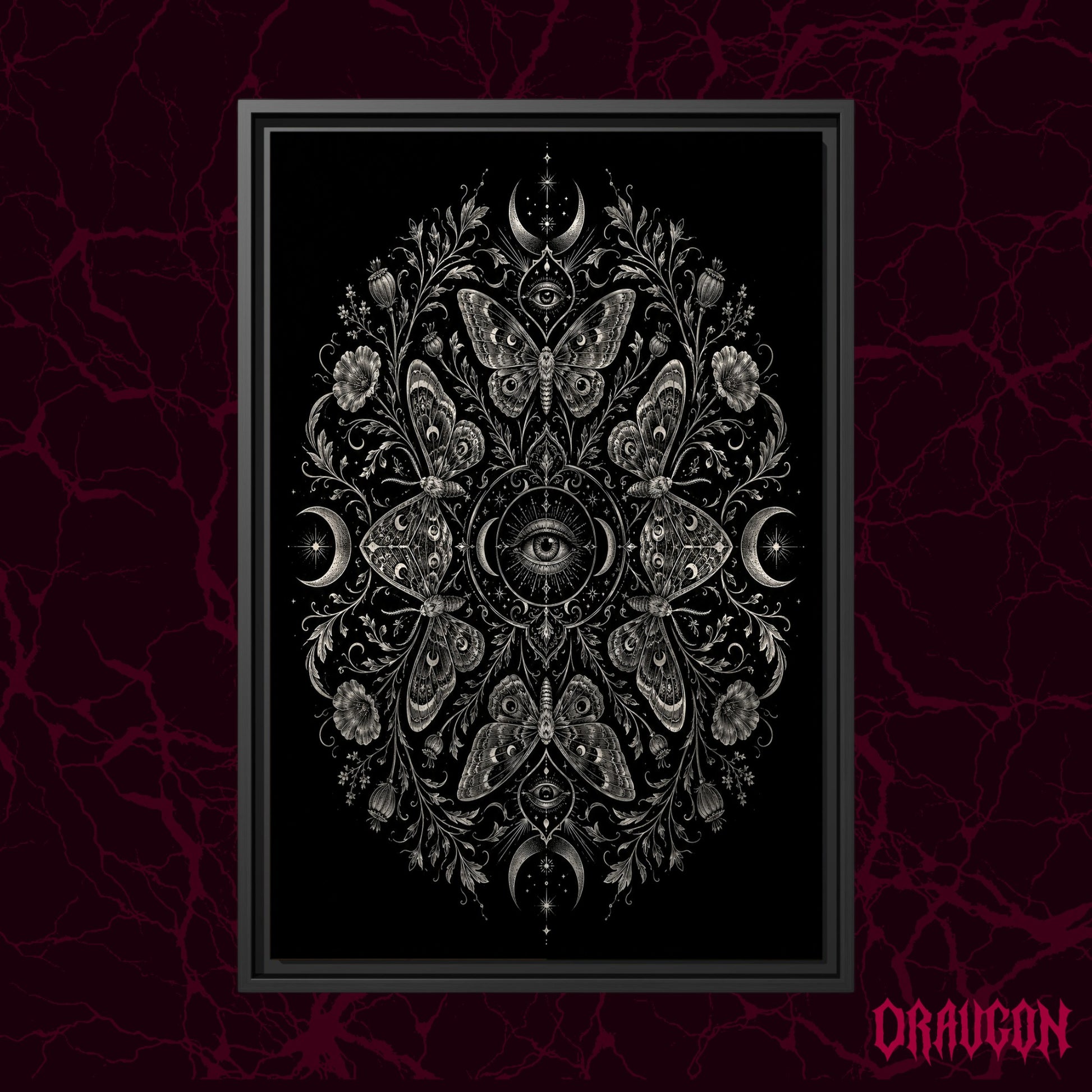 Argus shown as a black framed canvas against a deep red marbled backdrop with the Draugon wordmark in the lower corner, displaying the full silver eye and moth mandala.