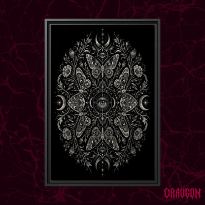 Argus shown as a black framed canvas against a deep red marbled backdrop with the Draugon wordmark in the lower corner, displaying the full silver eye and moth mandala.