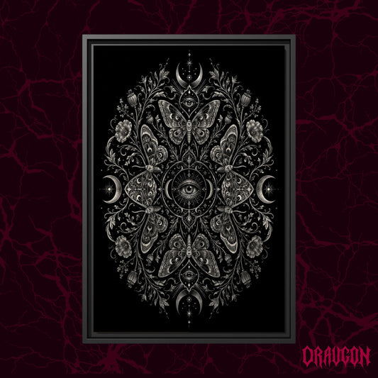 Argus shown as a black framed canvas against a deep red marbled backdrop with the Draugon wordmark in the lower corner, displaying the full silver eye and moth mandala.