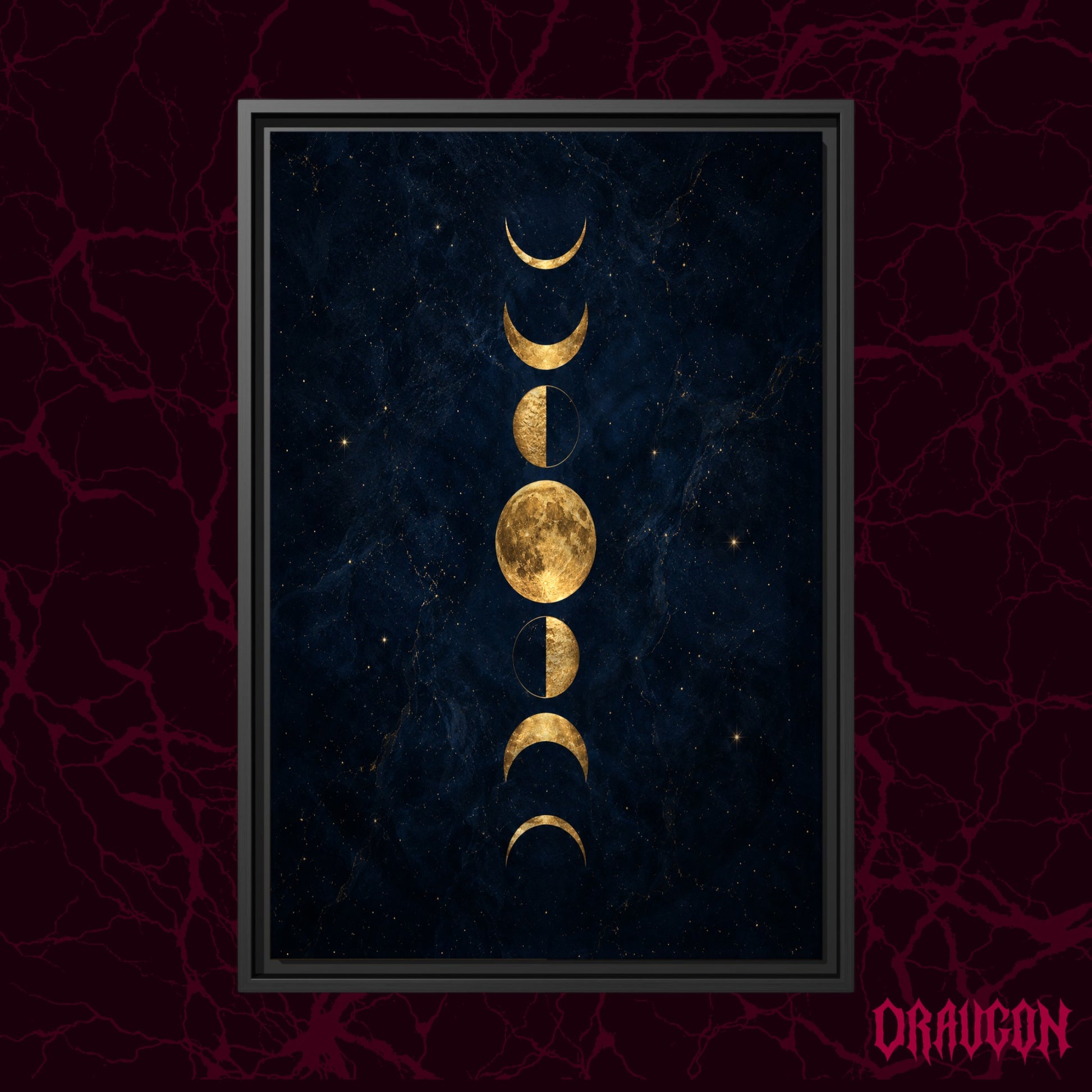 Lunarium shown as a black framed canvas against a deep red marbled backdrop with the Draugon wordmark in the lower corner, displaying the full column of gold moon phases on midnight navy.