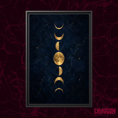 Lunarium shown as a black framed canvas against a deep red marbled backdrop with the Draugon wordmark in the lower corner, displaying the full column of gold moon phases on midnight navy.