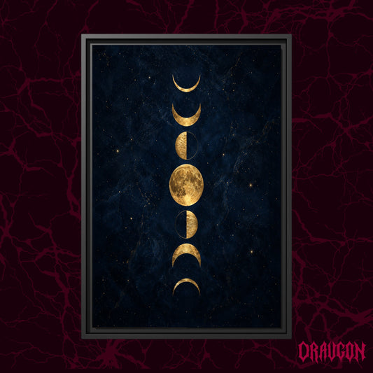 Lunarium shown as a black framed canvas against a deep red marbled backdrop with the Draugon wordmark in the lower corner, displaying the full column of gold moon phases on midnight navy.