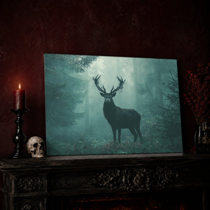The Green Chapel stag canvas leaning on a dark carved mantel against an oxblood wall, beside a lit dark red pillar candle in a black candlestick, a bone-coloured skull, and a vase of red berry sprigs with a brass lantern to the right.
