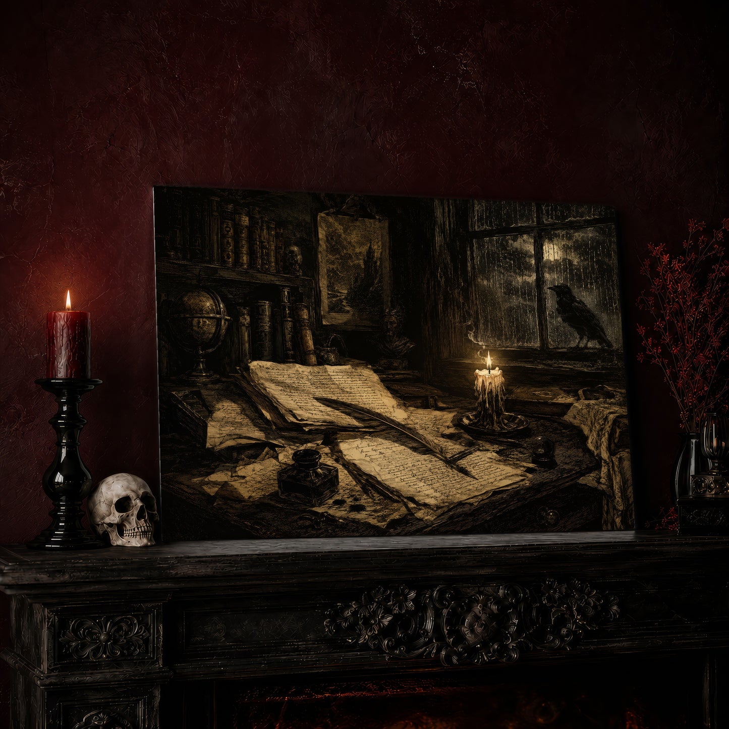  The Unfinished Letter canvas leaning on a dark carved mantel beside a lit red pillar candle in a black candlestick and a pale skull, with a small vase of red berry sprigs and candles on a nearby bookshelf.
