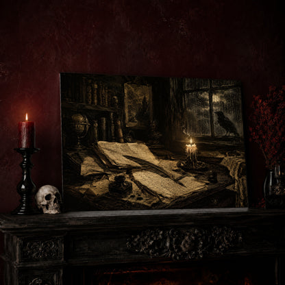  The Unfinished Letter canvas leaning on a dark carved mantel beside a lit red pillar candle in a black candlestick and a pale skull, with a small vase of red berry sprigs and candles on a nearby bookshelf.