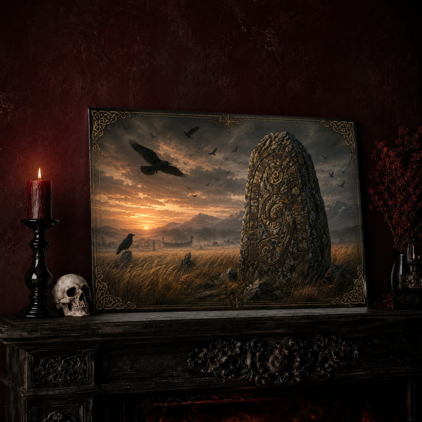 The Harvest Stone print leaning on a dark carved mantel against an oxblood wall, beside a lit dark red pillar candle in a black candlestick, a bone-coloured skull, and a vase of red berry sprigs with a brass lantern to the right.