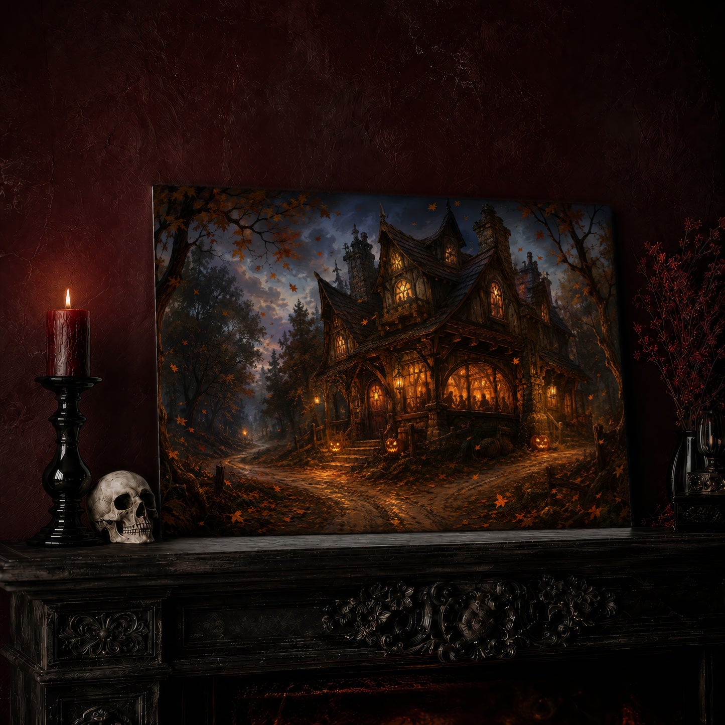 Lantern's End Inn tavern canvas leaning on a dark carved mantel beside a lit dark red taper in a black candlestick, a bone-coloured skull, and a small black vase of red berry sprigs, with a gilt-framed painting on the wall alongside.