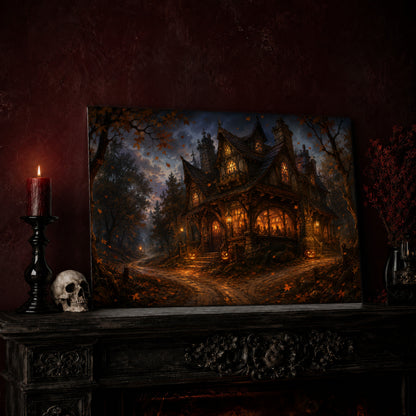 Lantern's End Inn tavern canvas leaning on a dark carved mantel beside a lit dark red taper in a black candlestick, a bone-coloured skull, and a small black vase of red berry sprigs, with a gilt-framed painting on the wall alongside.
