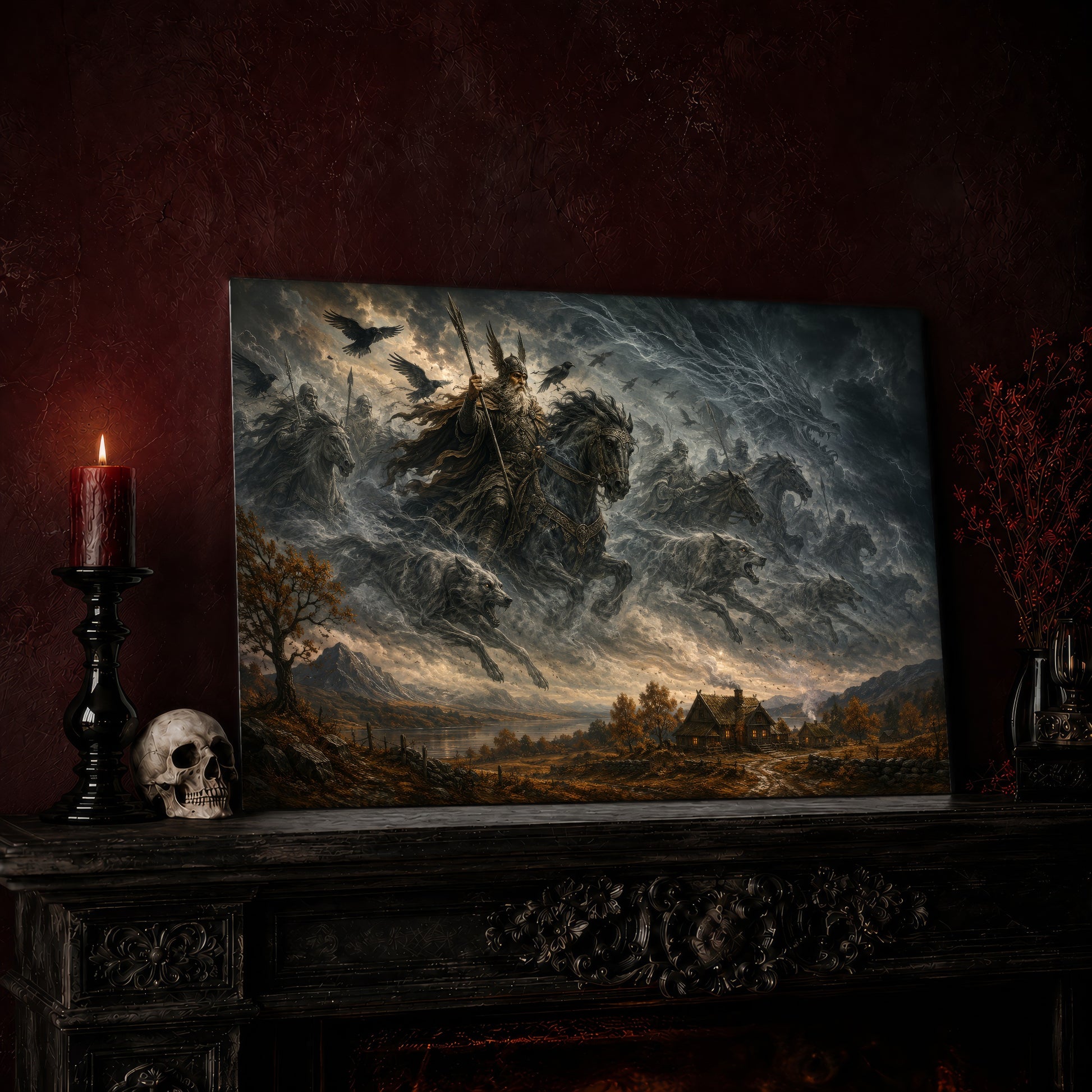 Oskoreia print leaning on a dark carved mantel against an oxblood wall, beside a lit dark red pillar candle in a black candlestick, a bone-coloured skull, and a vase of red berry sprigs with a brass lantern to the right.