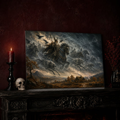 Oskoreia print leaning on a dark carved mantel against an oxblood wall, beside a lit dark red pillar candle in a black candlestick, a bone-coloured skull, and a vase of red berry sprigs with a brass lantern to the right.